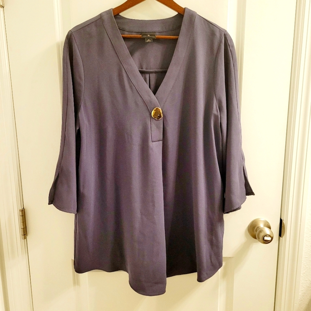 Worthington Loose Purple V-Neck Long Sleeve Blouse with Gold Button Size Medium